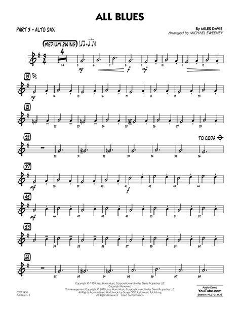 All Blues Arr Michael Sweeney Part 3 Eb Alto Sax Sheet Music