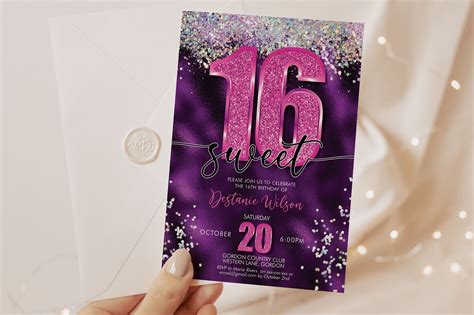 Sweet 16 Pink Glitter Number Party Invitation Printable Template Holographic Glitter Purple