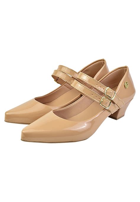 Scarpin Feminino Boneca Duas Tiras Bico Fino Salto Baixo Nude Compre