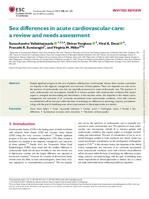 Pdf Sex Differences In Acute Cardiovascular Care A Review And Needs