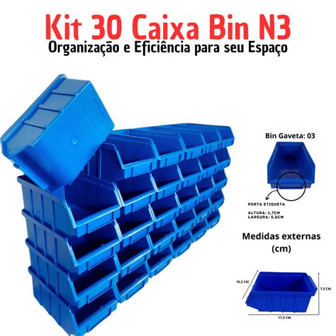 Caixa Gaveta Empilhavel Plástica Bin Nº3 Azul 30 unidades