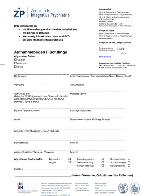 Ausfüllbar Online Zentrum fr Integrative Psychiatrie ZIP Kiel Fax Email