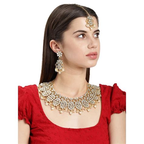 Zaveri Pearls Gold Tone Kundan And Pearls Bridal Choker Necklace Earring And Maangtikka Set