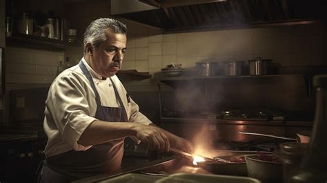 Chef Masculino Hispano De Mediana Edad Cocinando En La Estufa En La