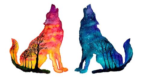 Day And Night Wolves Double Exposure Speed Painting Watercolor