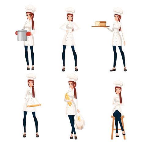 Premium Vector Set Beautiful Women Chef With Brown Hair Bakery Female