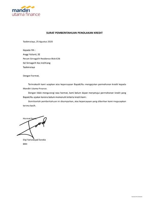 Surat Pemberitahuan Penolakan Kredit Pdf