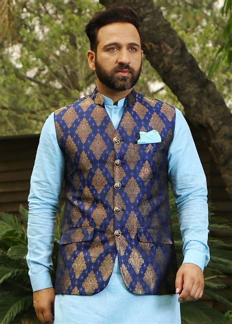 Blue Jamawar Waistcoat Shameel Khan Mens Kurta Designs Waistcoat