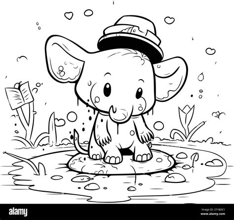 Página Para Colorear Esquema De Elefante De Dibujos Animados Sentado En Un Charco Imagen Vector