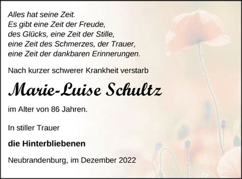 Traueranzeigen Von Marie Luise Schultz Trauer Nordkurier