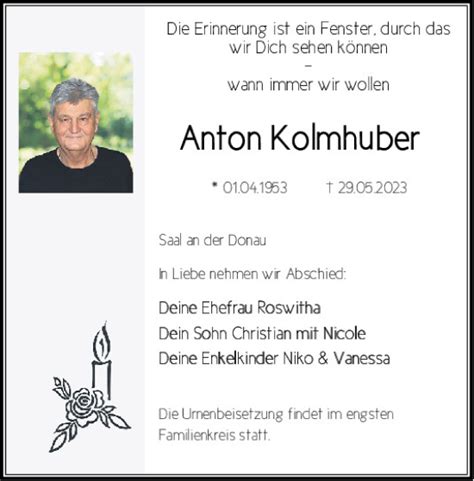 Traueranzeigen Von Anton Kolmhuber Mittelbayerische Trauer