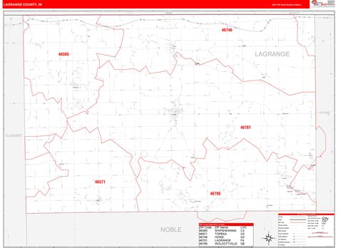 Lagrange County, IN Zip Code Wall Map Red Line Style by MarketMAPS - MapSales