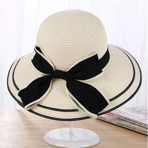 Sun Hat Big Black Bow Summer Hats For Women Foldable Straw Beach Panama Hat Visor Wide Brim