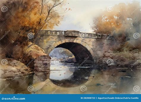 Painting of a Watercolor Drawing of a Medieval Bridge at Sunset. Stock ...