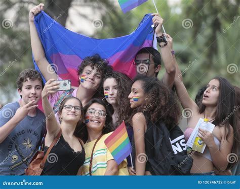 LGBT Pride Celebrations In Mallorca People Taking A Selfie Detail Editorial Photo ...