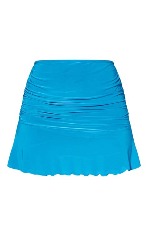 Bright Blue Ruched Slinky Frill Hem Mini Skirt Prettylittlething Usa