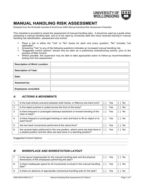 Completed Manual Handling Risk Assessment