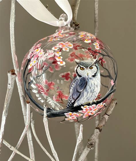 Owl Ornament Hand Painted Cherry Blossom Southern White Faced Glass Globe Hand Blown Nature T