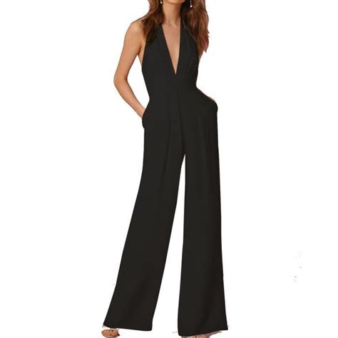 Combinaison Pantalon Large Femme de Soirée Cocktail Sexy Col V Profond