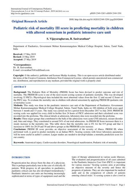 Pdf Pediatric Risk Of Mortality Iii Score In Predicting Mortality In