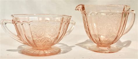 Vintage Blush Pink Depression Glass Sugar Bowl And Creamer Floral