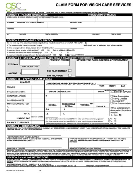 Fillable Claim Form For Vision Care Services Green Shield Canada