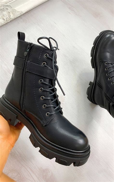 Chrissy Lace Up Biker Boots In Black Pu Ikrush