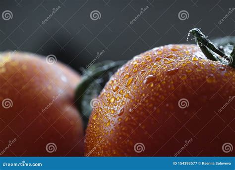 Close Up Extremo De Um Tomate Maduro Molhado Fundo Do Fim Acima Da