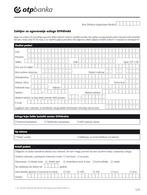 Fillable Online Otpbanka Zahtjev Za Ugovaranje Usluge Otpdirekt Fax