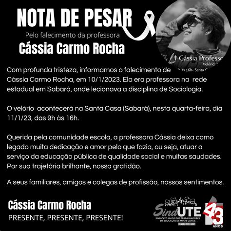 Nota De Pesar Pelo Falecimento Da Professora Cássia Carmo Rocha Sind