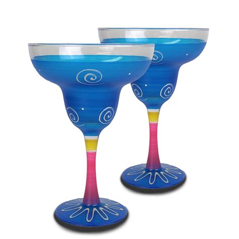 Set Of 2 Turquoise And Yellow Hand Painted Margarita Drinking Glasses 12 Oz