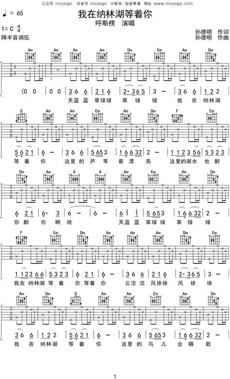 呼斯楞《我在纳林湖等着你》吉他谱c调吉他弹唱谱 小叶歌吉他