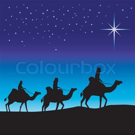 Three Wise Men On Camels Following The Star Stock Vector Colourbox