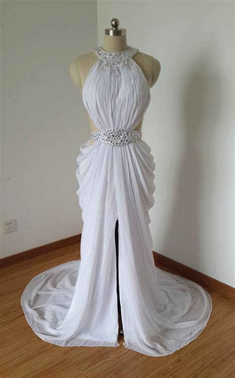 Sexy White Chiffon Beaded Long Prom Dress With Long Train Etsy