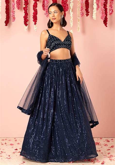 Buy Women Navy Sequin Striped Embroidered Lehenga Set With Embroidered