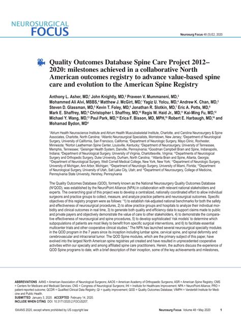 Pdf Quality Outcomes Database Spine Care Project 20122020