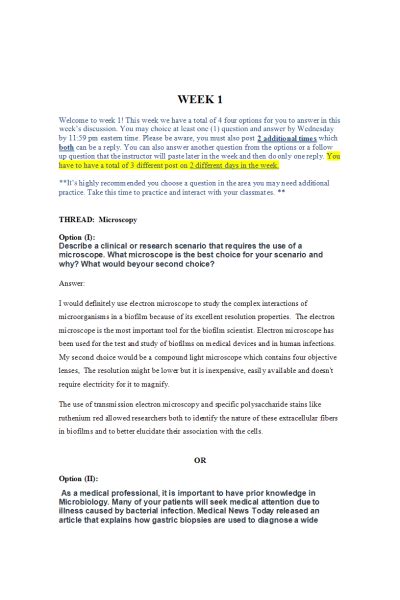 BIOS 242 Week 1 Discussion Microscopy 4 Options Course Resources