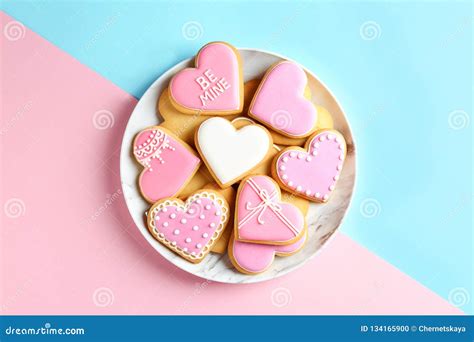 Plate With Decorated Heart Shaped Cookies Stock Photo Image Of Blue