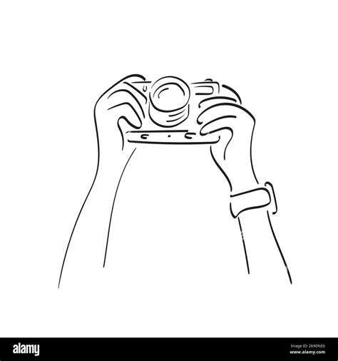 Line Art Closeup Hand Holding Compact Camera Illustration Vector Hand