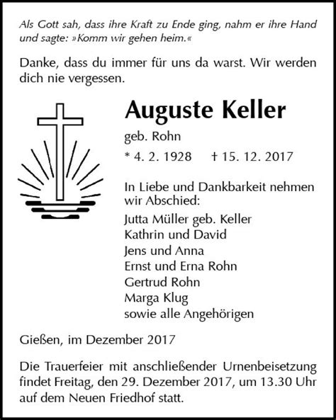 Traueranzeigen Von Auguste Keller Vrm Trauer De