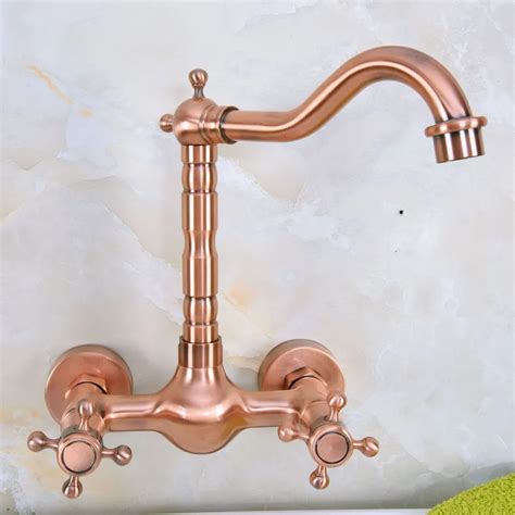 Antique Red Copper Brass Wall Mounted Bathroom Kitchen Sink Faucet Swivel Spout Mixer Tap Double