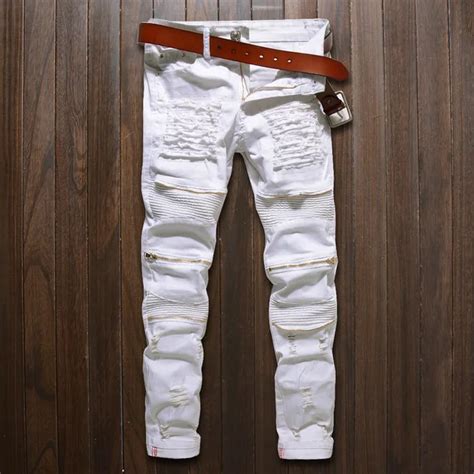 Skinny jeans men White Ripped Knee zipper Fashion Casual Slim fit Biker ...