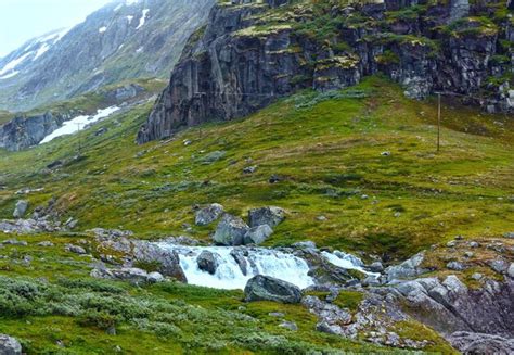 Premium Photo Summer Cloudy Mountain Landscape With Waterfall