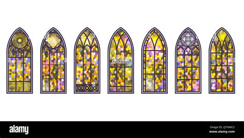 Gothic Windows Set Vintage Stained Glass Church Frames Element Of