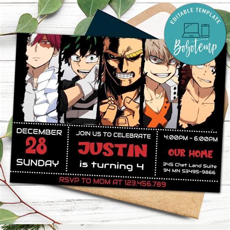 Editable My Hero Academia Birthday Invitation Instant Download Bobotemp