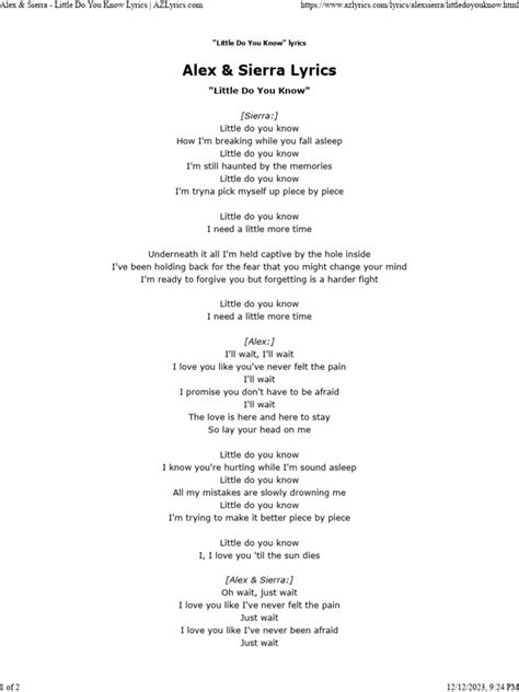 Alex And Sierra Little Do You Know Lyrics Pdf Worksheets Library