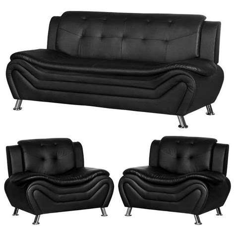 Gilan Three Piece Faux Leather Furniture Black Living Room Set With Sofa And 2 Armchairs