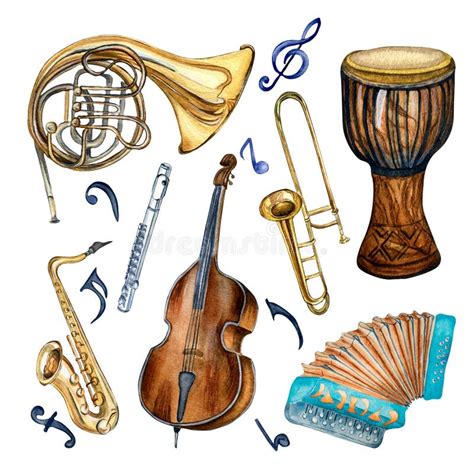 Set Of Variouse Musical Instruments And Symbol Watercolor Illustration