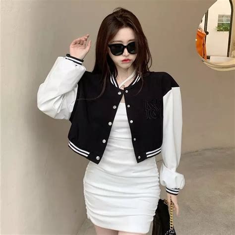 Jual Jaket Baseball Crop Korean Style Varsity Pakaian Wanita