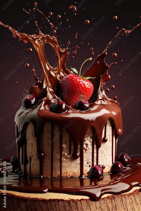 Strawberry Fall on Chocolate Cake with Chocolate Splash - AI-generated ...